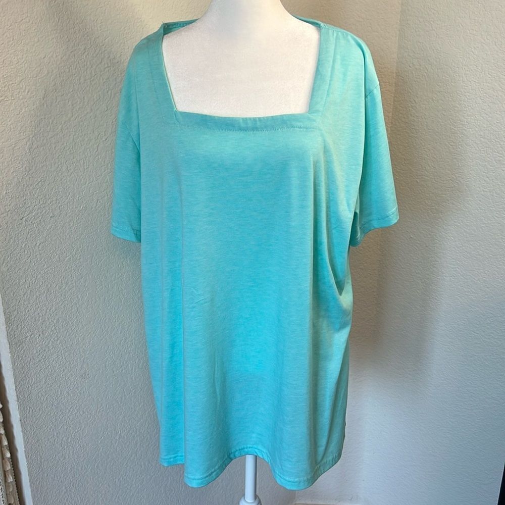 Short Sleeve Turquoise Plus Size Square Neckline T-Shirt - Size XXL